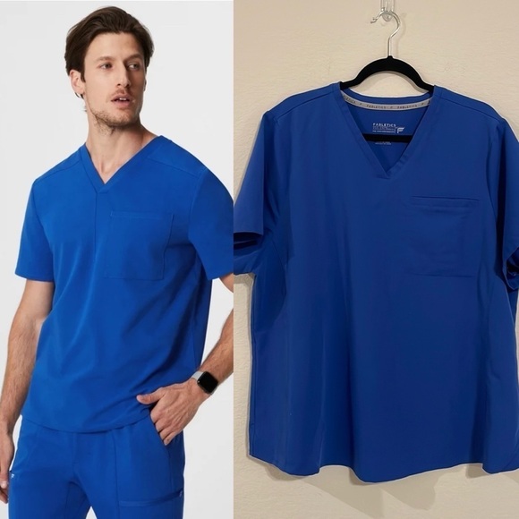 Fabletics Men’s Helix 1-Pocket Scrub Top Size 2X Blue Stretch Pocket Front - Picture 1 of 17